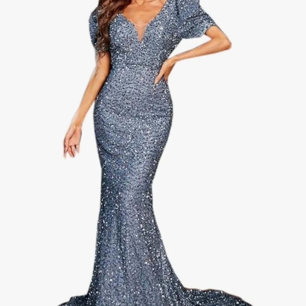 Dusty Blue, Puff Sleeve,  Big Bow, Contrast Sequined and Mesh Mermaid Gown - Picture 10 of 14
